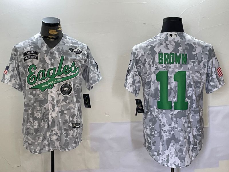 Men Philadelphia Eagles #11 Brown Nike Arctic Camo 2024 Salute to Service Limited NFL Jersey style 1